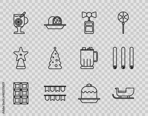 Set line Chocolate bar, Price tag with inscription Sale, Carnival garland flags, Mulled wine glass of drink, tree decorations, Cake and Three rolled sticks cinnamon icon. Vector