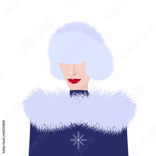 Woman in fur hat with earflaps, collar - isolated on white background - vector. Fashion beauty. Artificial fur.