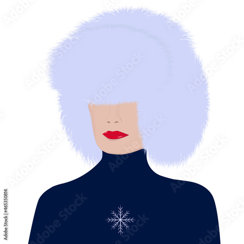 Elegant woman in fur hat with earflaps - isolated on white background - vector. Fashion beauty. Artificial fur.