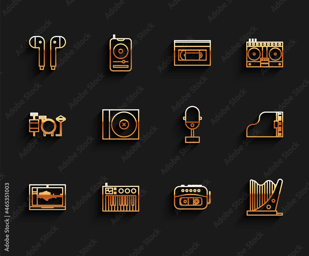 Set line Sound or audio recorder on laptop, Music synthesizer, Air headphones, tape player, Harp, CD DVD disk, Grand piano and Microphone icon. Vector Set line Sound or audio recorder on laptop, Music synthesizer, Air headphones, tape player, Harp, CD DVD disk, Grand piano and Microphone icon. Vector