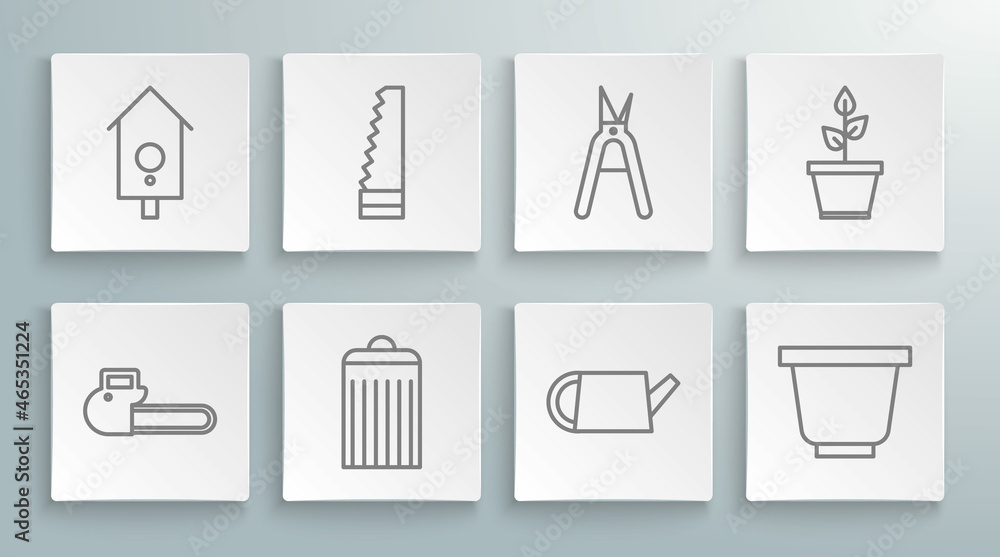 Set line Chainsaw, Garden, Trash can, Watering, Flower pot, Gardening handmade scissors, Plant and Retro wall watch icon. Vector Set line Chainsaw, Garden, Trash can, Watering, Flower pot, Gardening handmade scissors, Plant and Retro wall watch icon. Vector