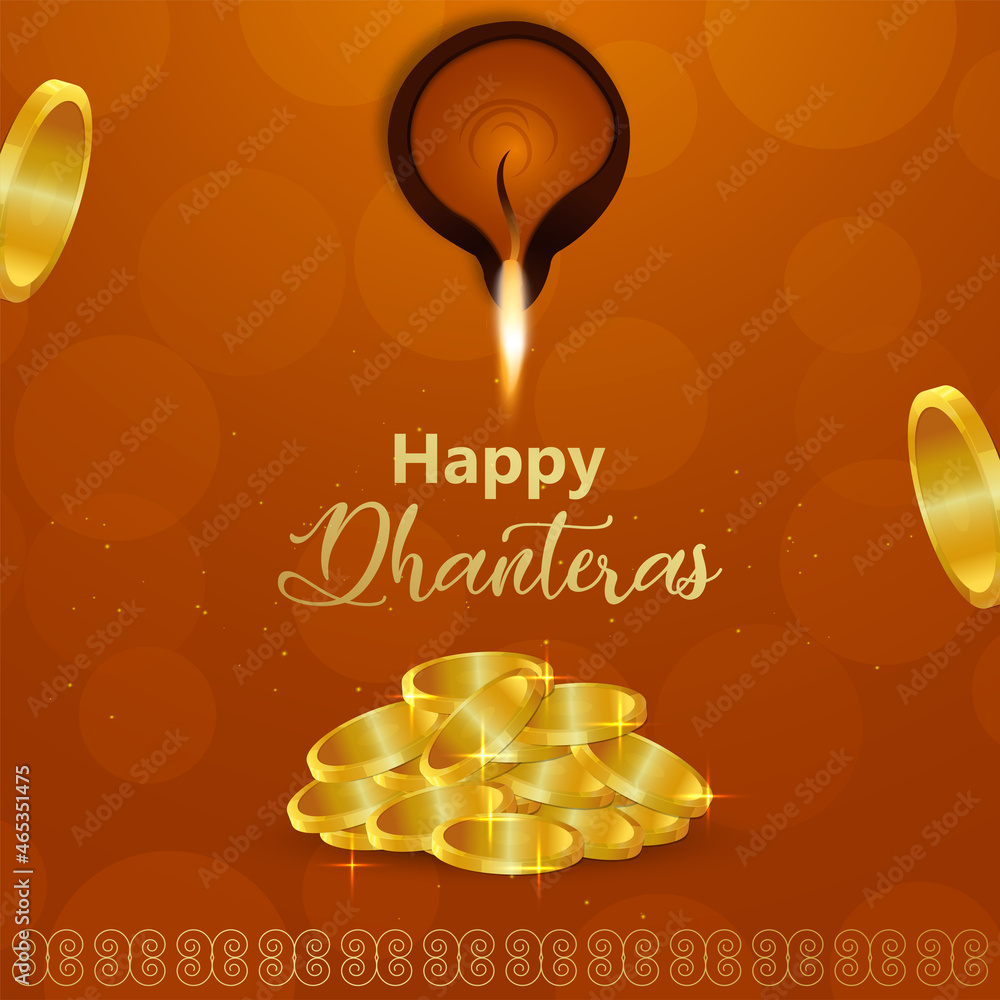 Happy dhanteras celebration greeting card with gold coin and diwali diya