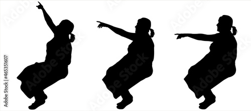 Silhouette of three seated women. Side view. The head looks in different directions, around. The hand points in different directions: up, forward, down. Woman in a skirt, blouse. Isolated on white.