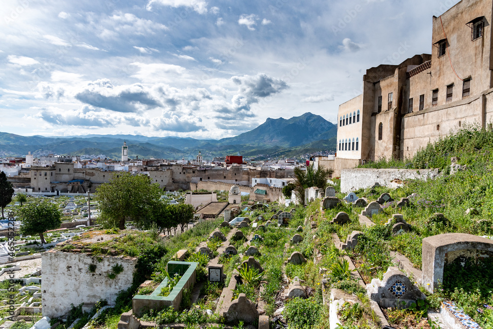 The medina of Tetouan in Morocco. A view of the Tetouan cemetery. The ancient tombs are drowned in greenery