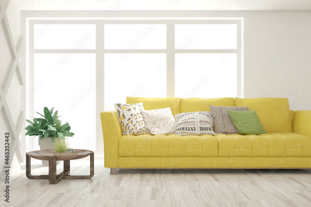 Fototapeta premium White living room with sofa. Scandinavian interior design. 3D illustration