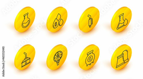 Set line Oil and gas industrial factory building, Motor gauge, Canister for motor machine oil, petrol test tube, Gasoline pump nozzle, drop with dollar symbol and Test flask icon. Vector