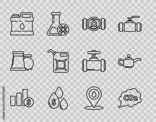 Set line Pie chart infographic and dollar, Industry metallic pipes valve, Oil drop with symbol, Canister for motor machine oil, gasoline, Refill petrol fuel location and icon. Vector