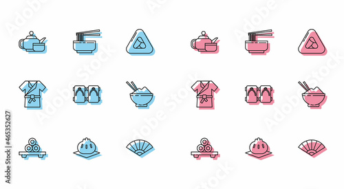 Set line Sushi on cutting board, Paper chinese or japanese folding fan, Geta traditional shoes, Rice bowl with chopstick, costume Kimono and Asian noodles and chopsticks icon. Vector