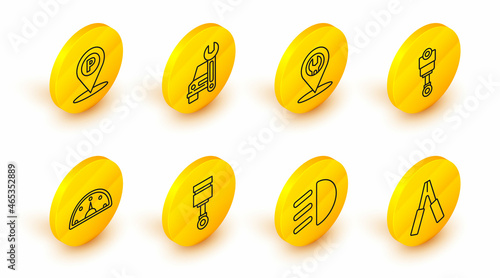 Set line Car battery jumper power cable, High beam, Engine piston, Speedometer, service, and Location with parking icon. Vector