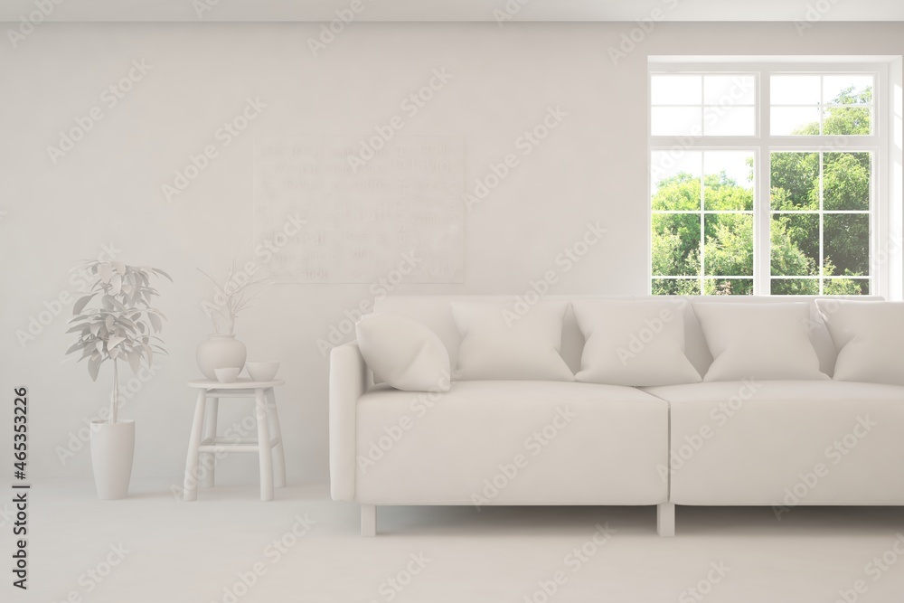 Fototapeta premium Mock up of stylish room in white color with sofa and green landscape in window. Scandinavian interior design. 3D illustration