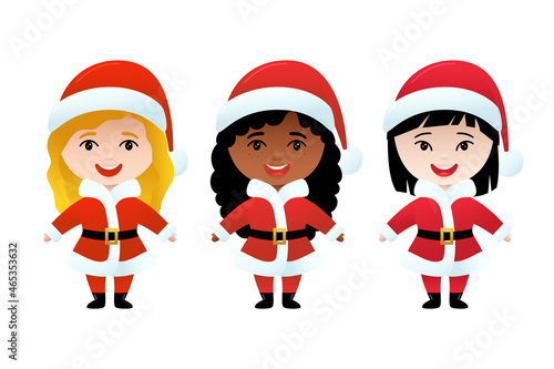 Three cute santa girls of different races