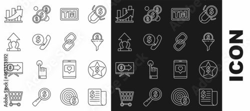 Set line Financial news, Star and dollar, Lead management, Trademark, Telephone handset speech bubble chat, Growth chart progress people crowd, growth coin and Chain link icon. Vector