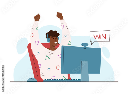 Vector illustration of afro american pro gamer after winning championship. Game streaming. Streamer. Game lover. Happy boy who won game competition.Virtual championship, tournament.