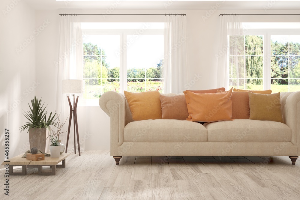 White living room with sofa and summer landscape in window. Scandinavian interior design. 3D illustration White living room with sofa and summer landscape in window. Scandinavian interior design. 3D illustration