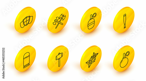 Set line Hand grenade, Japanese ninja shuriken, Battle hammer, Cartridges, Baseball bat, Crossed medieval axes and Shield icon. Vector