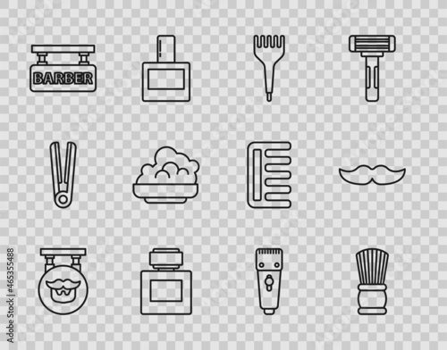 Set line Barbershop, Shaving brush, Hairbrush, Aftershave, gel foam, Electrical hair clipper or shaver and Mustache icon. Vector