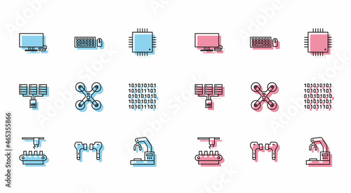 Set line Factory conveyor system belt, Air headphones, Smart Tv, Robotic robot arm hand factory, Drone flying, Binary code, Server, Data, Web Hosting and Keyboard mouse icon. Vector