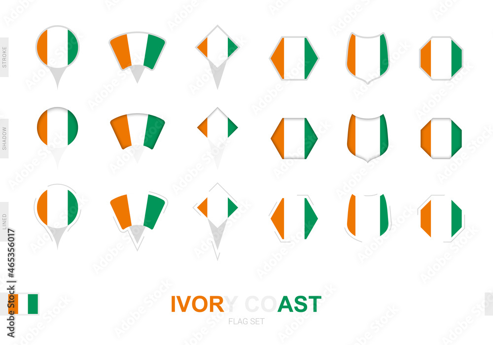 Collection of the Ivory Coast flag in different shapes and with three different effects. Collection of the Ivory Coast flag in different shapes and with three different effects.