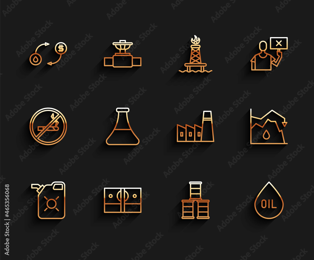 Set line Canister for motor oil, Stacks paper money cash, Oil exchange, Barrel, drop, petrol test tube, Drop in crude price and industrial factory building icon. Vector Set line Canister for motor oil, Stacks paper money cash, Oil exchange, Barrel, drop, petrol test tube, Drop in crude price and industrial factory building icon. Vector