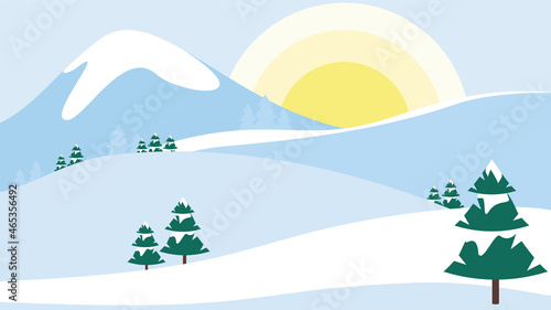 Snowy mountains and evergreen trees