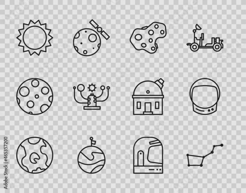 Set line Earth globe, Great Bear constellation, Asteroid, Moon with flag, Sun, Solar system, Astronaut helmet and icon. Vector