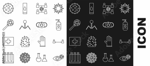 Set line Reddish eye due to virus, Safe distance, Bottle of liquid antibacterial soap, Virus spread, Bacteria bacteriophage, under magnifying glass, and Medical protective mask icon. Vector