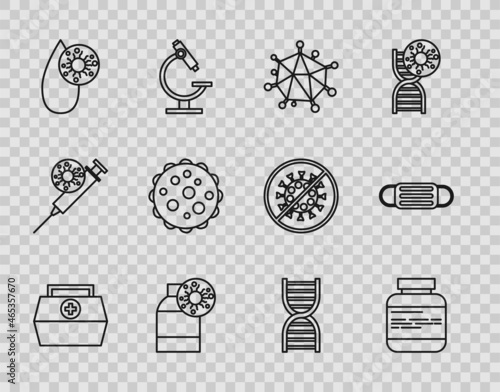 Set line First aid kit, Medicine bottle and pills, Virus, Bottle with virus, Blood test, DNA symbol and Medical protective mask icon. Vector