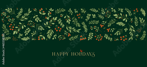 Ornate horizontal Christmas, Holiday border with floral motives and greetings. Universal modern line art florals. Merry xmas header or banner. Wallpaper or backdrop decor.