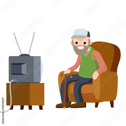 Old Senior man sitting in armchair and watching retro TV. Funny grandfather. Lifestyle of grandpa. Cartoon flat illustration. Hobbies and pastime oldster