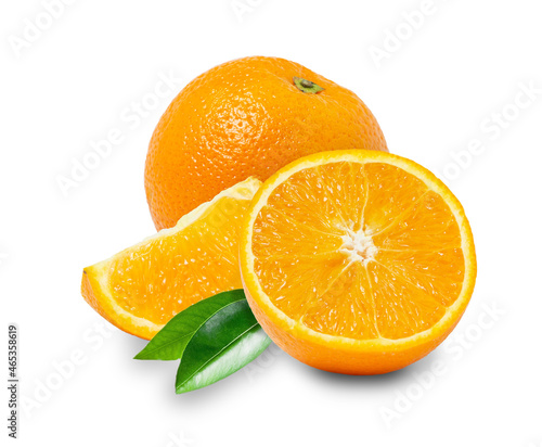 Orange isolated on white background. Sliced orange wedges. Ripe and juicy orange