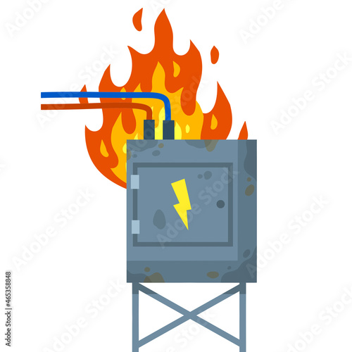 Damaged Switchboard. Cartoon flat illustration. Fuse and electrical engineering. Danger situation - fire. High voltage sensor. Electrical wires in box. Technical industrial appliance
