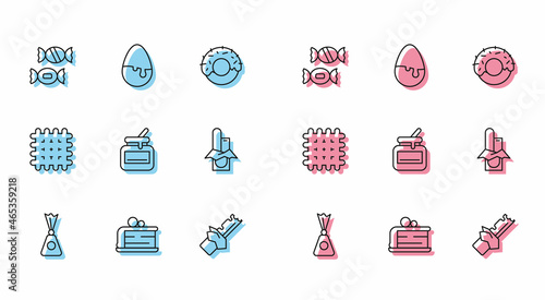 Set line Candy, Piece of cake, Bitten chocolate bar, Jar honey, Chocolate, Cracker biscuit and egg icon. Vector