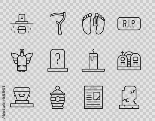 Set line Coffin, Old grave with tombstone, Dead body, Funeral urn, Grave coffin, Obituaries and icon. Vector