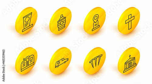 Set line Old crypt, Metallic nails, Hearse car, Grave with tombstone, Christian cross, Location grave, Funeral urn and icon. Vector