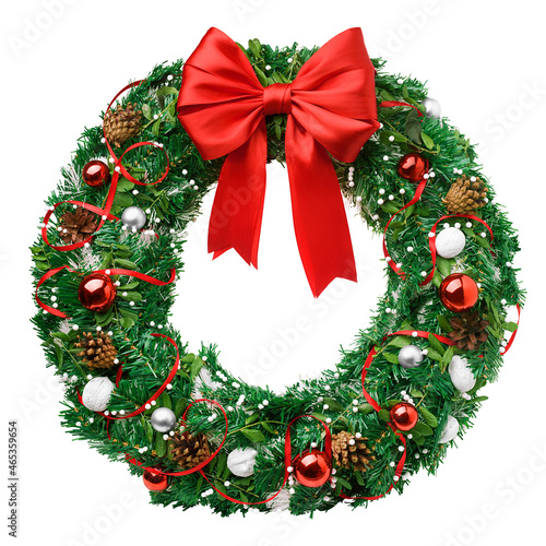 christmas wreath, red ribbon bow, isolated on white background, clipping path