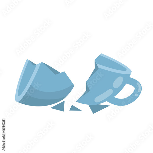 Blue mug. Element of kitchen. Broken cup. Shards and sloppy handling