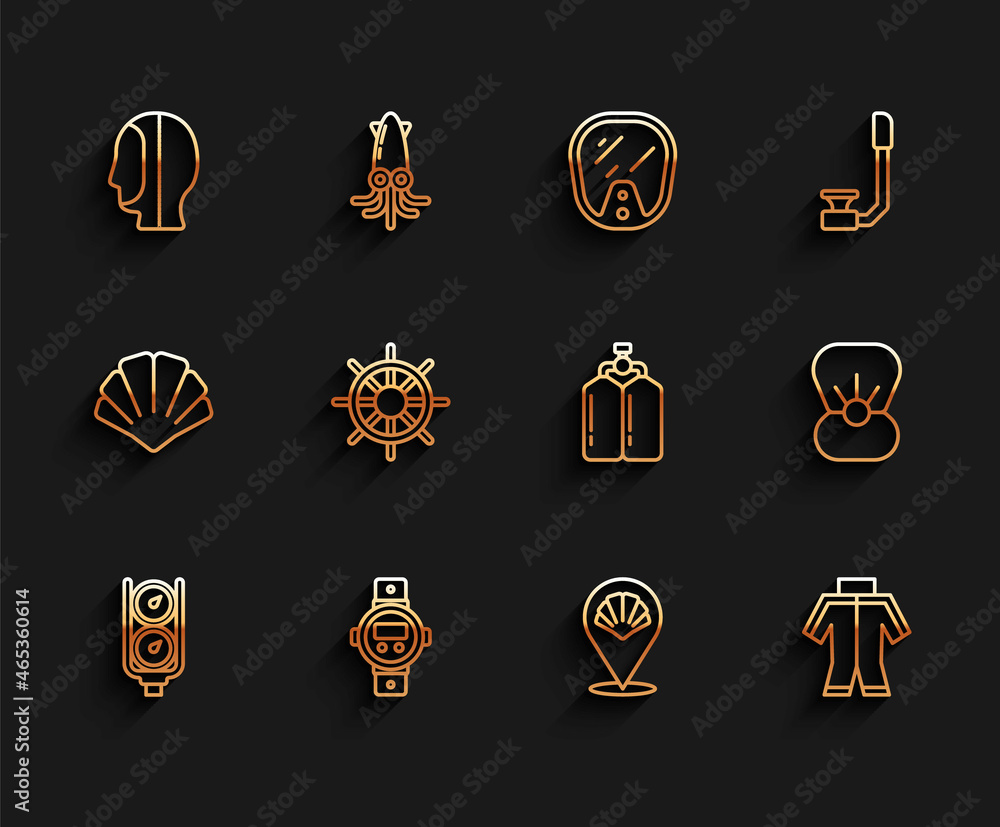 Set line Gauge scale, Diving watch, hood, Scallop sea shell, Wetsuit, Ship steering wheel, Shell with pearl and Aqualung icon. Vector Set line Gauge scale, Diving watch, hood, Scallop sea shell, Wetsuit, Ship steering wheel, Shell with pearl and Aqualung icon. Vector