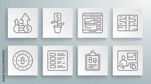 Set line Bitcoin, Dollar plant, Business finance report, Trading courses, Stacks paper money cash and Financial growth and icon. Vector