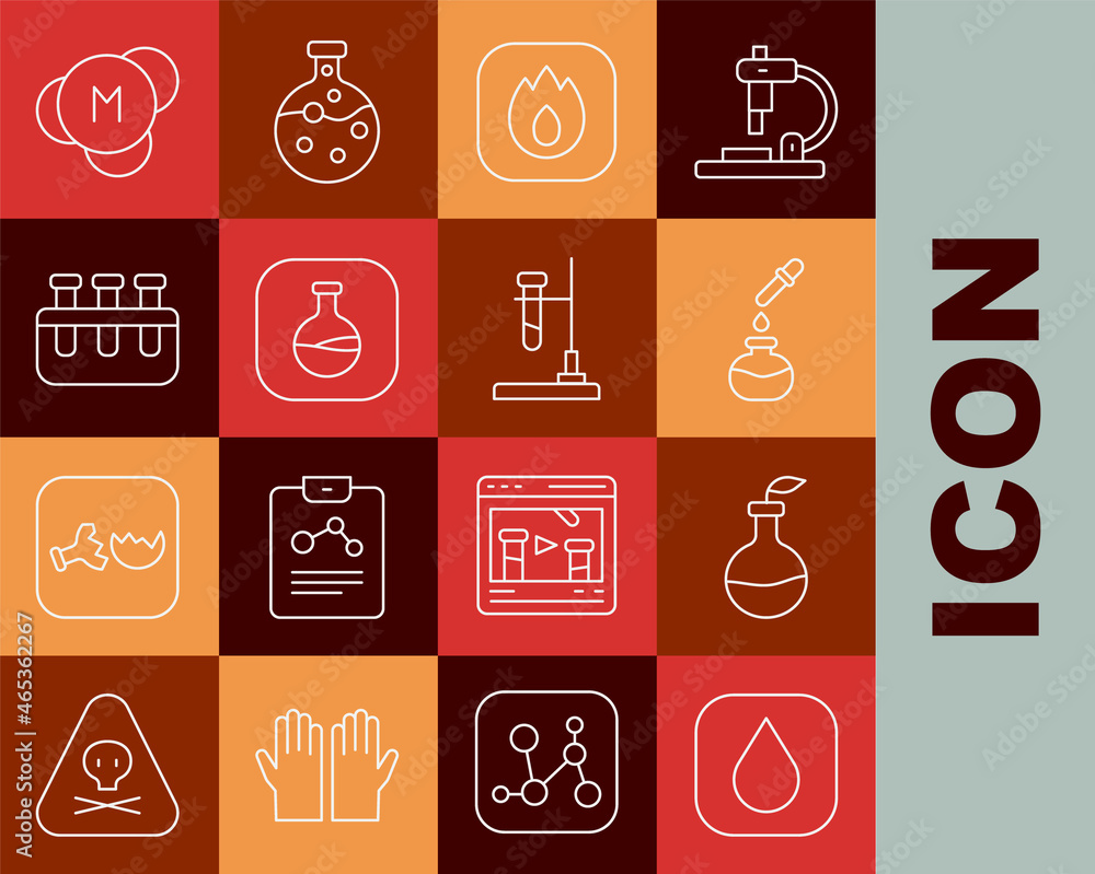 Set line Water drop, Plant breeding, Test tube and flask, Fire flame, Molecule and on fire icon. Vector Set line Water drop, Plant breeding, Test tube and flask, Fire flame, Molecule and on fire icon. Vector