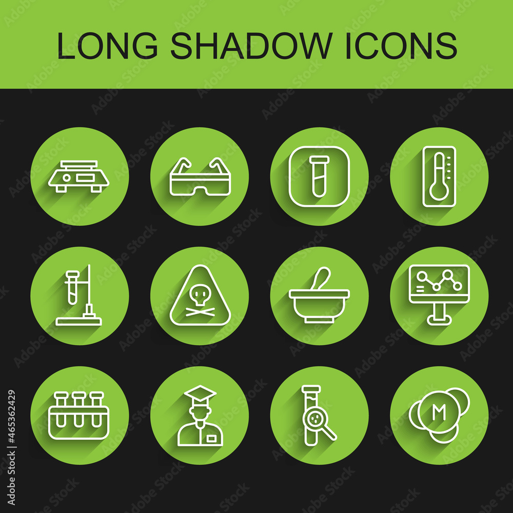 Set line Test tube and flask, Laboratory assistant, Electronic scales, Molecule, Triangle warning toxic, Chemical formula and Mortar pestle icon. Vector Set line Test tube and flask, Laboratory assistant, Electronic scales, Molecule, Triangle warning toxic, Chemical formula and Mortar pestle icon. Vector