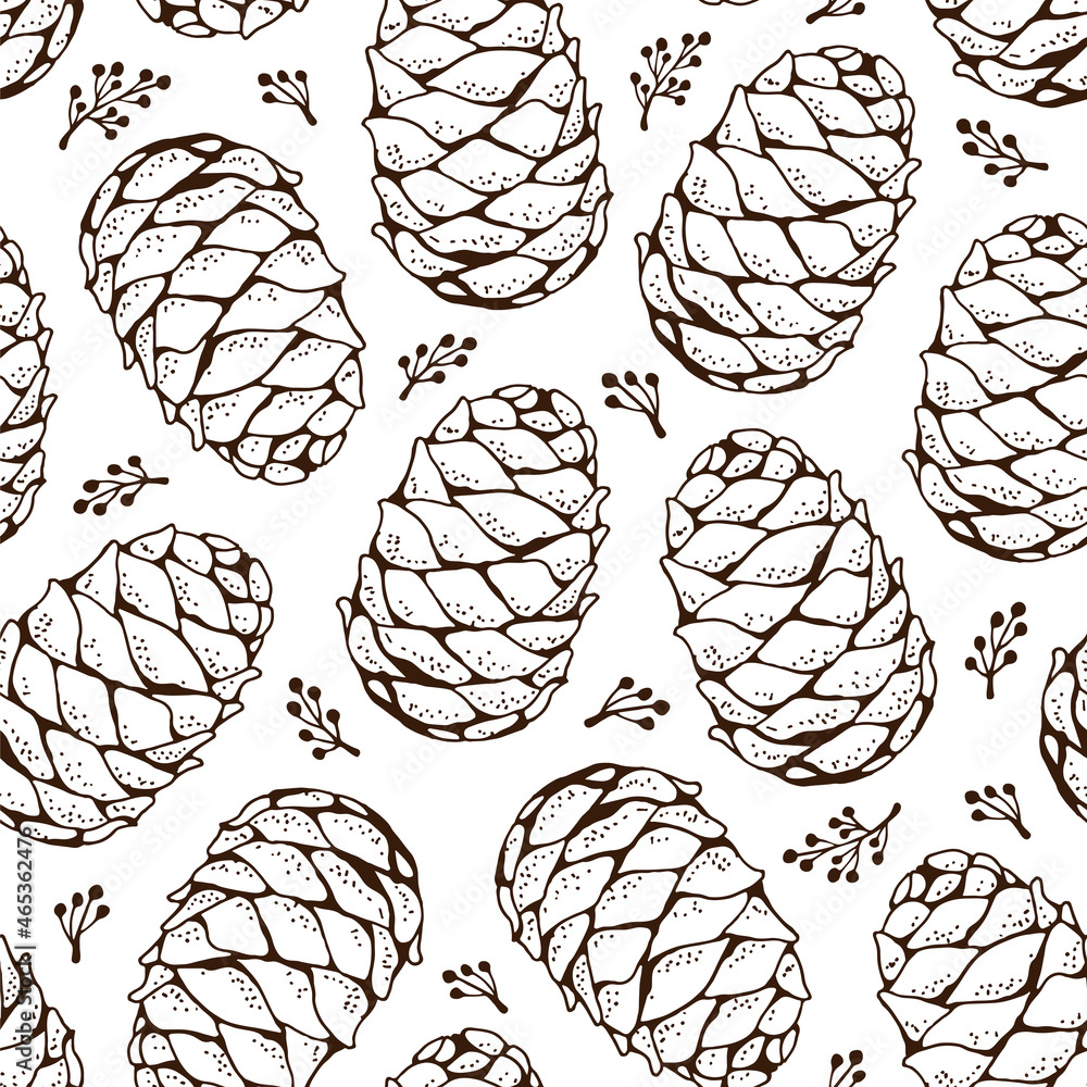 Cedar cone seamless pattern, vector hand-drawn background Cedar cone seamless pattern, vector hand-drawn background
