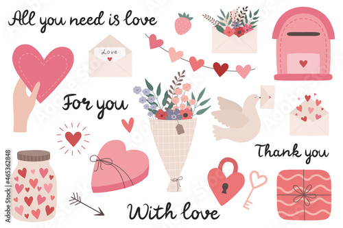 A love set with elements: a hand holding a heart, an envelope with flowers, a bouquet, a carrier pigeon, a mailbox, hearts in a jar, a gift box, a lock with a key. Vector illustration