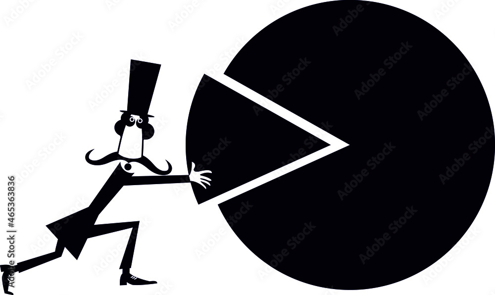 Usiness person last piece of market share pie chart.
A business person pushes a last piece into place to make a market share pie chart of success black on white
