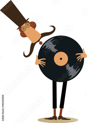 Funny man with vinyl record original icon. 
Cartoon long mustache man in the top hat holds holding a record isolated on white
