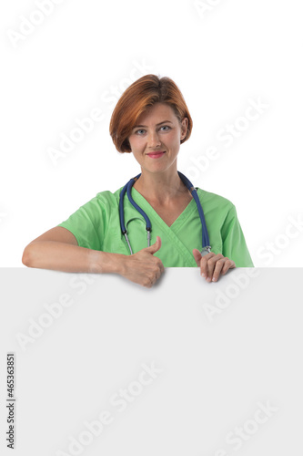 Medical doctor woman hold blank card