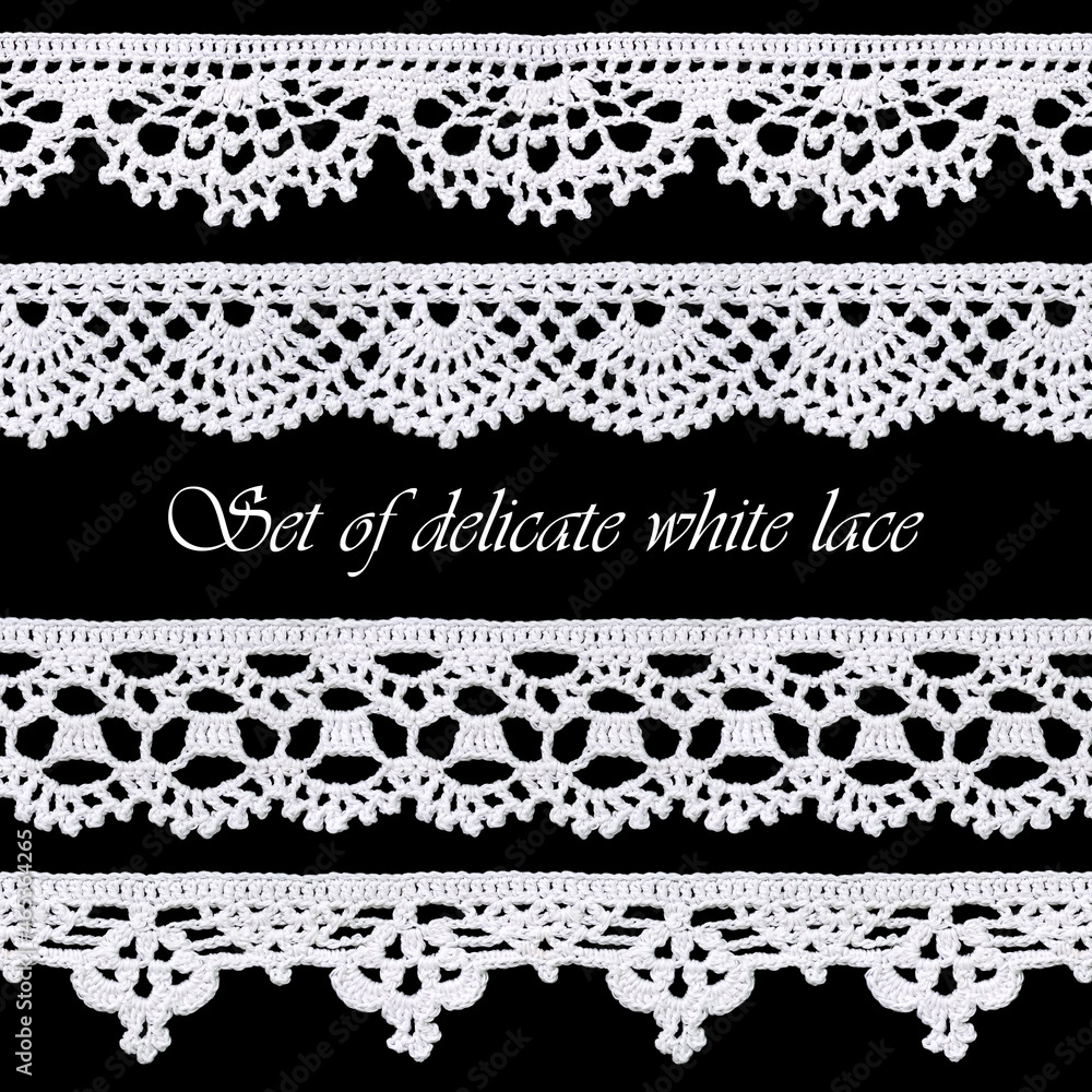 Set of White Tape Lace on a Black Background. Vintage Style. Material for  Stylish Graphic Decoration Stock Image - Image of crochet, needlework:  205129493