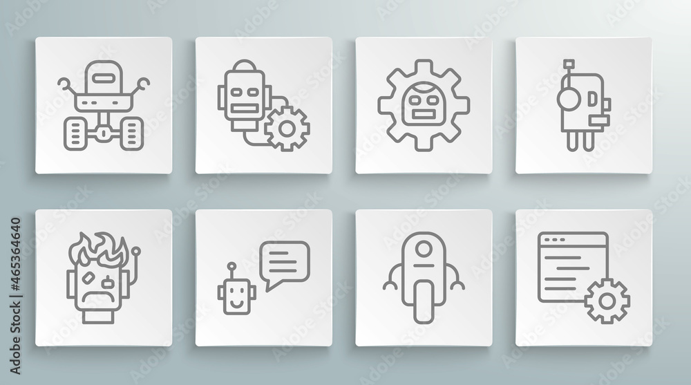 Set line Robot burned out, setting, Bot, Computer api interface, and Mars rover icon. Vector Set line Robot burned out, setting, Bot, Computer api interface, and Mars rover icon. Vector