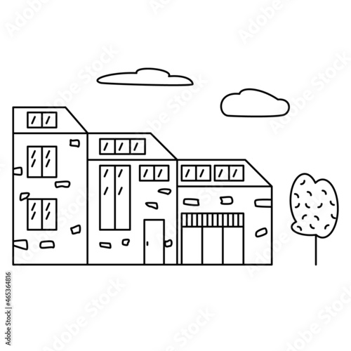 Fototapeta Naklejka Na Ścianę i Meble -  Three-level residential building made of stone and glass. Modern fashionable design of a residential cottage. Vector complex icon with detail, offline, isolated.