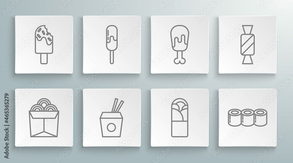 Set line Noodles in box, Ice cream, Asian noodles and chopsticks, Doner kebab, Sushi, Chicken leg, Candy and icon. Vector