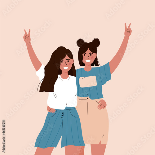 Happy Friendship day. Teenage girls. Best friends.Friends having fun.Two girls hugging. Banner.